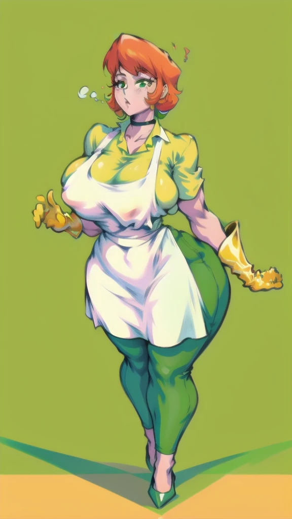 Full body image of Dexter's Mom from Dexter's Laboratory, full body in image, wearing her original outfit (yellow rubber gloves, green dress with white apron, red hair in a bob cut, and white shoes), short hair, female body, curvy and voluptuous body, dynamic pose, detailed pose, simple background, expressive face, focus on face, line art, sketch