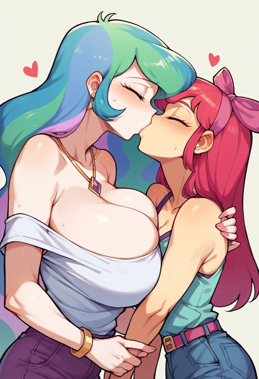 my little pony equestria girls princess celestia , HUGE titties , kissing apple blossom