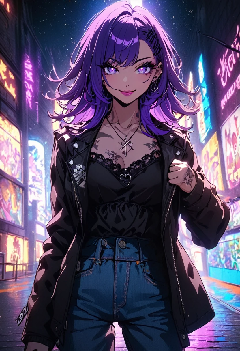 1 girl, Holo-Punk style, cabelo roxo, purple eyes with stars, aretes, eyelash, ssmile, beachfront, jewerly, lips, make up, cross necklace, chemise, shorth hair, manga curta, ssmile, standing alone, open black jacket, chemise branca , tatoo, large breasted, teeths, denim trousers, black chemise, Fake Falcon, punk aesthetic, cinematic angle, foreshortening, tenebrosa, tenebrosa background, cinematic lighting, work of art, best qualityer