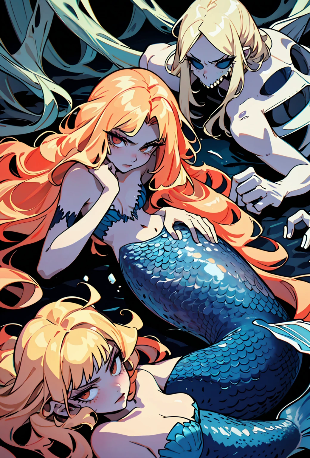 {-erro_de_anatomia:1.0} woman 30 years old, underwater, skeleton, corpse,Under the sea, where coral tendrils and vines abound, a woman (mermaid), long blond hair (blond hair) looks at you amidst a pile of bones and skulls. Indifferent look , merciless. Lying among the skulls.

