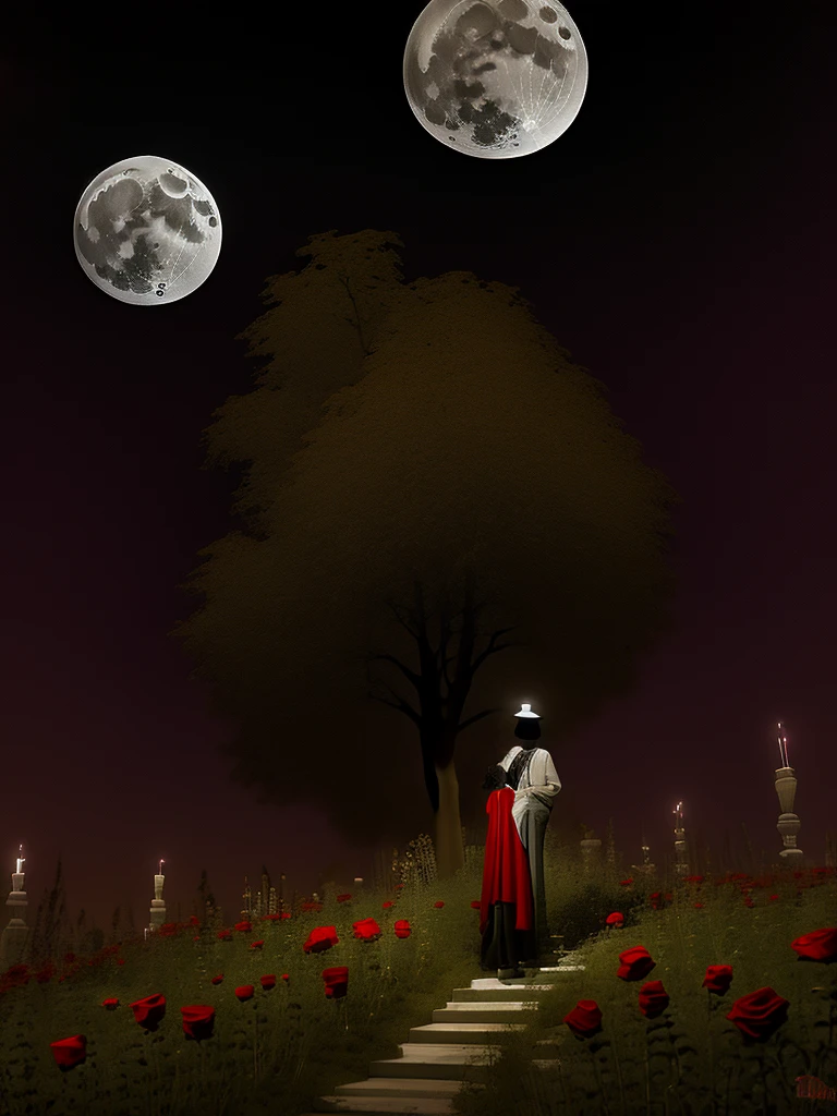Death in a garden of red roses , on a night with a full moon