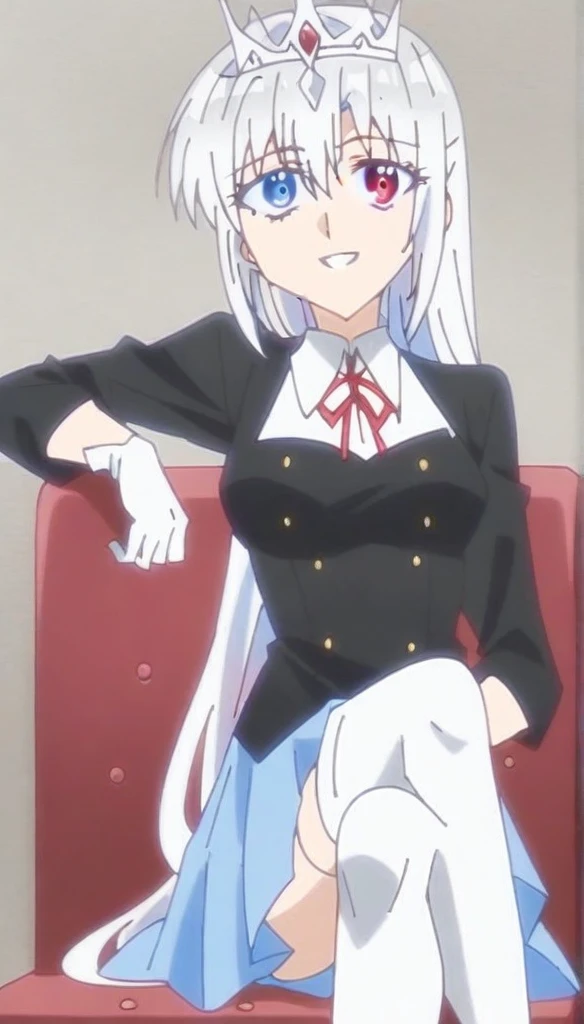 1girl, source_anime, white queen, white queen, solo, long hair, medium breasts, looking at viewer, smile, blue eyes, skirt, shirt, red eyes, thighhighs, gloves, long sleeves, ribbon, twintails, sitting, very long hair, , black jacket, white shirt, white hair, pleated skirt, shoes, white gloves, grin, white thighhighs, red ribbon, blue skirt, neck ribbon, low twintails, heterochromia, brown footwear, crossed legs, loafers,
