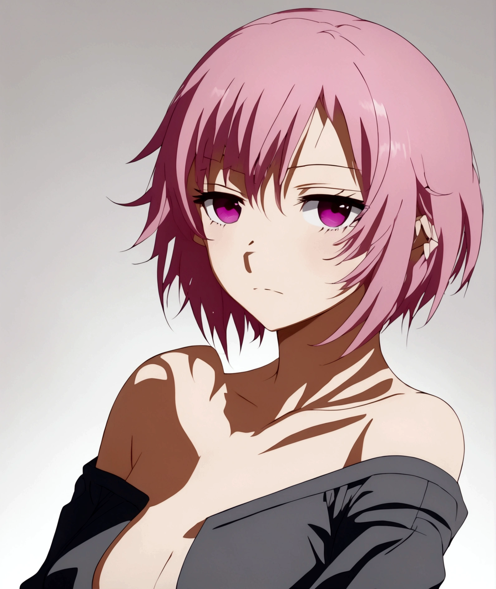 1girl, solo, breasts, looking at viewer, blush, short hair, simple background, shirt, white background, cleavage, medium breasts, upper body, pink hair, pink eyes, off shoulder, hair twirling, saigyouji yuyuko, momo velia deviluke