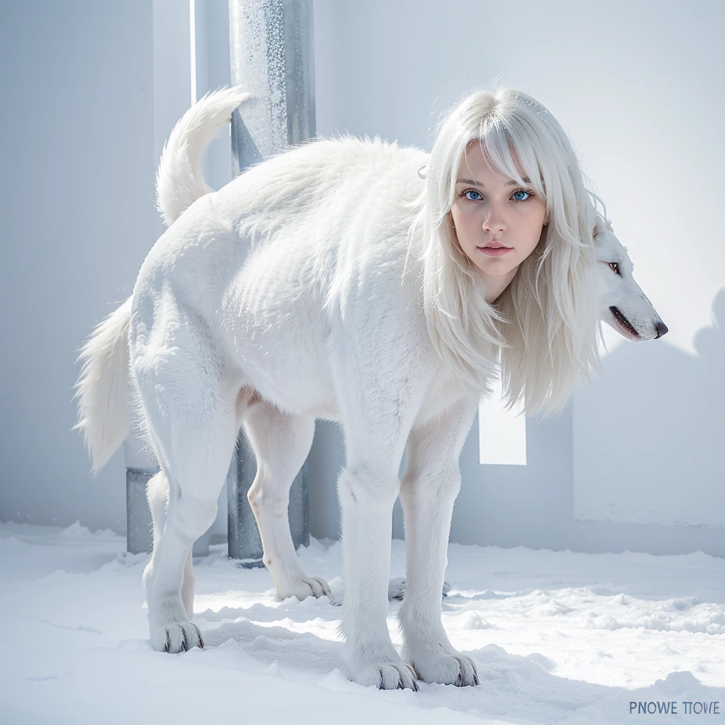 Giant ice white wolf, full body and bright eyes