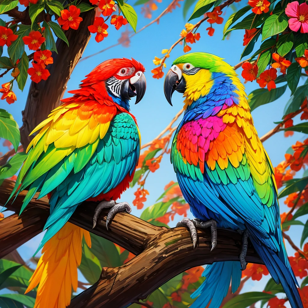 Two parrots, colorful colors, on branch, Background flowers