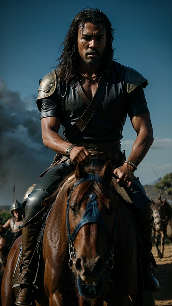 a fierce black warlord riding on his horse with his warriors, war going on on a battlefield, he threw a spear and hit someone on the chest, 8k realistic imagery, blue scenery like a movie scene, old american setting, inspired by blade runner movie scene, blue tone,