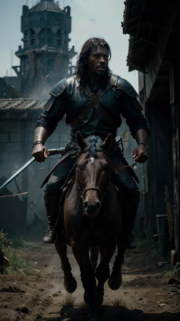 a fierce black warlord riding on his horse with his warriors, war going on on a battlefield, he threw a spear and hit someone on the chest, 8k realistic imagery, blue scenery like a movie scene, old american setting, inspired by blade runner movie scene, blue tone,