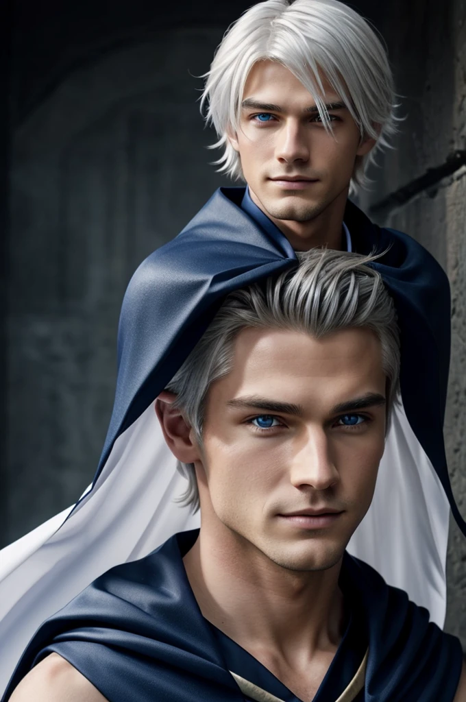 The fox boy has short, parted, flowing white hair. Extremely handsome face but rarely a smile. Dark blue eyes as deep as the bottom of an abyss. Wear the student hero cape