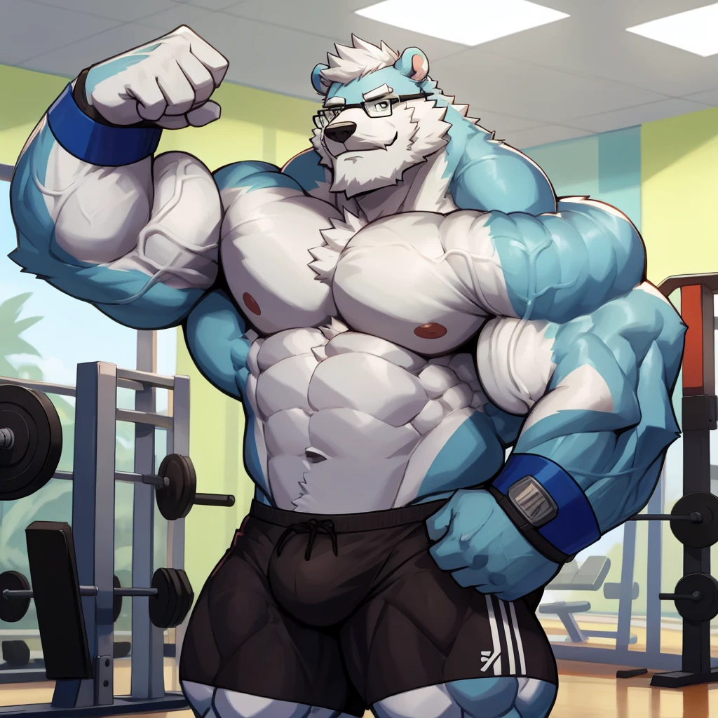 solo, 1boy, Huge Muscular Daddy White Polar Bear wearing glasses, huge white fur, pectoral, huge pectoral, wide pectoral, short white hair, blue colored gym short pants, blue colored wristbands and blue colored shirtless and toppess, white bearded, white Mustache, white fur, gym background, post-workout, vein flexing, masterpiece, high detailed, 8k, high resolution, at the gym, flexes his whole body