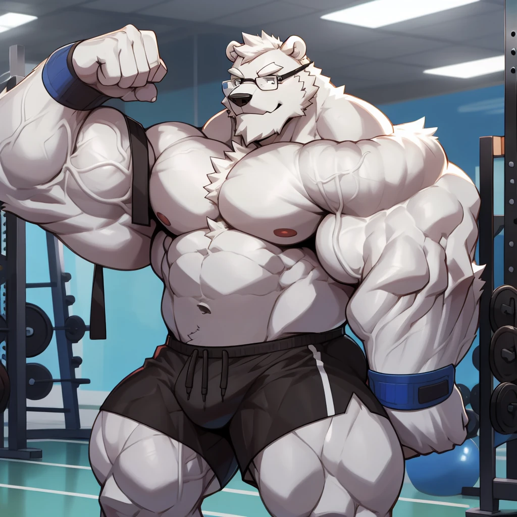 solo, 1boy, Huge Muscular Daddy White Polar Bear wearing glasses, huge white fur, pectoral, huge pectoral, wide pectoral, short white hair, blue colored gym short pants, blue colored wristbands and blue colored shirtless and toppess, white bearded, white Mustache, white fur, gym background, post-workout, vein flexing, masterpiece, high detailed, 8k, high resolution, at the gym, flexes his whole body