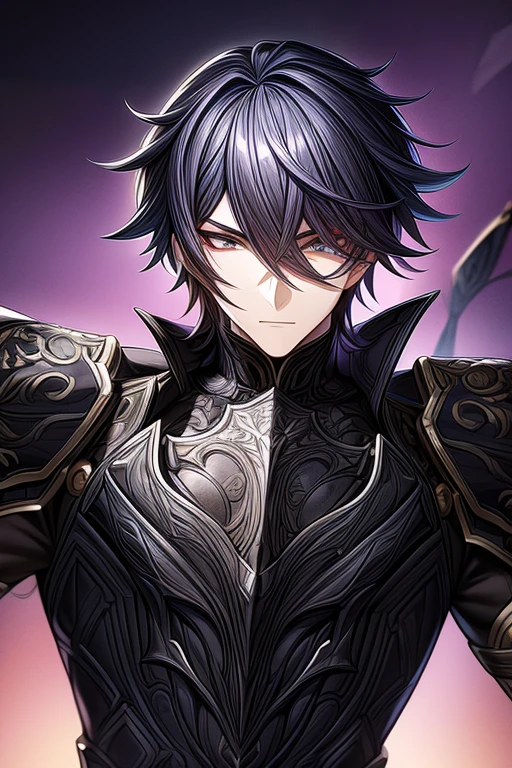 (work of art, best qualityer, face perfect, expressive eyes), Black Knight Armor, black leather cover, details Intricate, black breastplate, a male anime,single character, style Hyacinthe Rigaud, black suite, short black hair with white highlights, barba, visual novel sprite, detailed black armor, high qualiy, cinematic, dramatic pose, details Intricate, swirly vibrant colors, work of art, impacto genshin. 