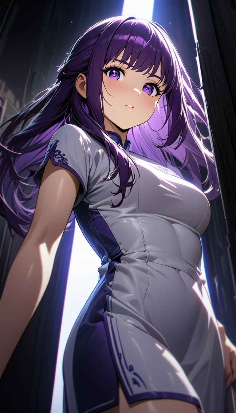 Cheongsam Girl，Purple Hair,Purple eyes,Long Hair，cowboy shot,Pure white background，Depth of written boundary，Low angle view，Calf Level View，Overclocked Renderer，Cinema Lighting，Ultra-fine，Very detailed，complicated，Cinematic Perspective，CG Art，Looking at me,