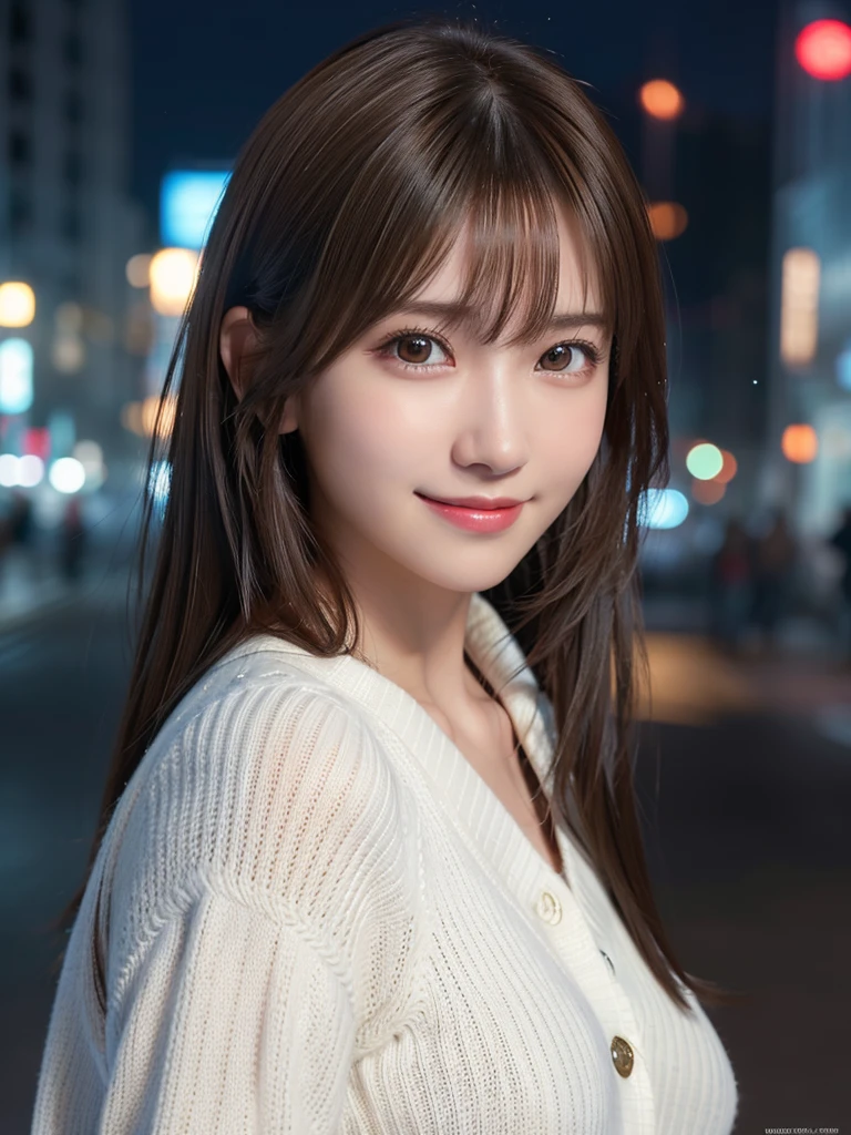 1 japanese girl,(white sweater:1.4),(wears a large muffler around his neck:1.2), (Raw photo, Best Quality), (Realistic, Photorealsitic:1.4), masterpiece, extremely delicate and beautiful, Extremely detailed, 8k wallpaper, amazing, finely detail, extremely detailed CG Unity, hight resolution, Soft light, Beautiful detailed 17 year old girl, extremely detailed eye and face, beautiful detailed nose, Beautiful detailed eyes,Cinematic lighting,city light at night,Perfect Anatomy,Slender body,midium breast,Smiling, (hair messy, asymmetrical bangs, light brown hair,),