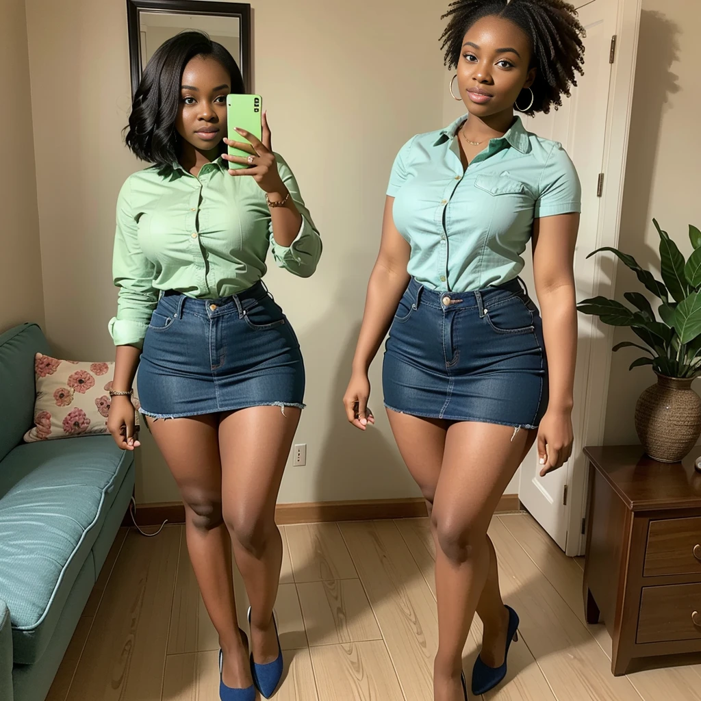 one beautiful nigerian woman posing in a room, wearing a denim skirt and a green shirt . She is taking a selfie with her cell phone , showcasing her toned legs and curvy figure