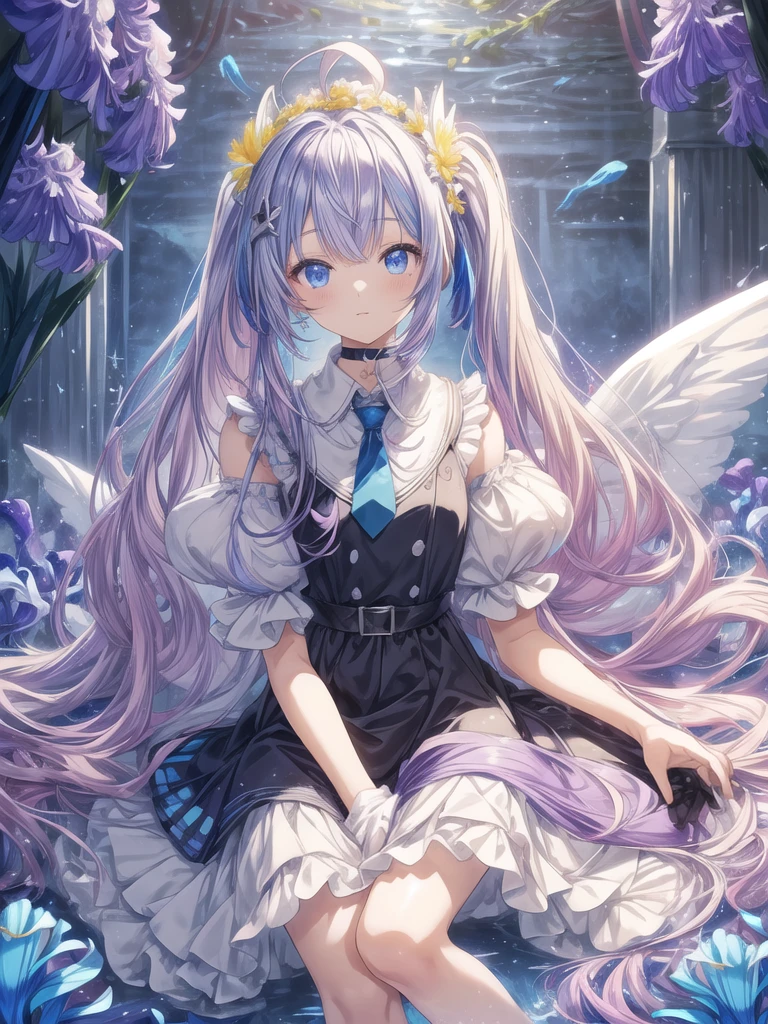 pretty, anime, pastel, neon, vtuber-fullbody vtuber-halfbody, kawaii Masterpiece, young woman, sitting down, parted lips, black eyes, fluffy curly hair, bangs, ahoge, light brown hair, rosy cheeks, short sleeve, black and purple dress, puffy sleeves, black gloves, purple ribbons, ((faded iris)), myceliumtech, scifi, Mycelia, spongy, PsychedelicMasterpiece, ((Faded iris)), flowers, smile, water effect, ahoge, looking up, upper view, yuki miku, very long blue hair, twintails, hair ornament, blue eyes, kawaii looking upupper viewhair ornament(masterpiece:1.2), (hires:1.2), (better hands:1.2), beautiful hands, perfect anatomy, holding star, 1boy, antenna hair, choker, white jacket, shoulder-belt, collared shirt, ear piercing, chain earrings, gradient, stars hair ornament, male focus, multicolored hair, purple hair, yellow strands, yellow necktie, (eye1 purple, eye2 yellow, heterochromia), starlight, starMasterpiece, young girl, white hair, fluffy hair, ahoge, medium length hair, bird feathers, sky, jungle, feather ears, white bird wings, vibrant colors, flowers, flower crown, leaves, white silk dress, detailed sleeves, strewn plants, hair over eyes, butterfly style, more_details:-1, more_details:0, more_details:0.5, more_details:1, more_details:1.5, (((ultra detailed))), softcore, kawaii,