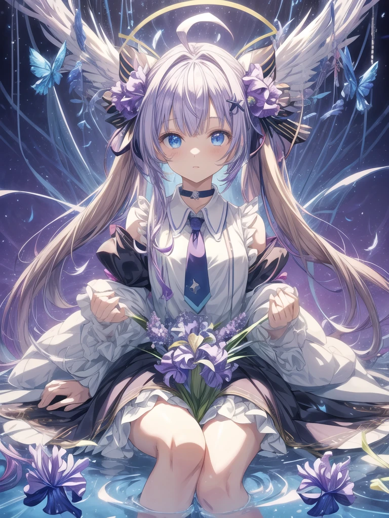 pretty, anime, pastel, neon, vtuber-fullbody vtuber-halfbody, kawaii Masterpiece, young woman, sitting down, parted lips, black eyes, fluffy curly hair, bangs, ahoge, light brown hair, rosy cheeks, short sleeve, black and purple dress, puffy sleeves, black gloves, purple ribbons, ((faded iris)), myceliumtech, scifi, Mycelia, spongy, PsychedelicMasterpiece, ((Faded iris)), flowers, smile, water effect, ahoge, looking up, upper view, yuki miku, very long blue hair, twintails, hair ornament, blue eyes, kawaii looking upupper viewhair ornament(masterpiece:1.2), (hires:1.2), (better hands:1.2), beautiful hands, perfect anatomy, holding star, 1boy, antenna hair, choker, white jacket, shoulder-belt, collared shirt, ear piercing, chain earrings, gradient, stars hair ornament, male focus, multicolored hair, purple hair, yellow strands, yellow necktie, (eye1 purple, eye2 yellow, heterochromia), starlight, starMasterpiece, young girl, white hair, fluffy hair, ahoge, medium length hair, bird feathers, sky, jungle, feather ears, white bird wings, vibrant colors, flowers, flower crown, leaves, white silk dress, detailed sleeves, strewn plants, hair over eyes, butterfly style, more_details:-1, more_details:0, more_details:0.5, more_details:1, more_details:1.5, (((ultra detailed))), softcore, kawaii,