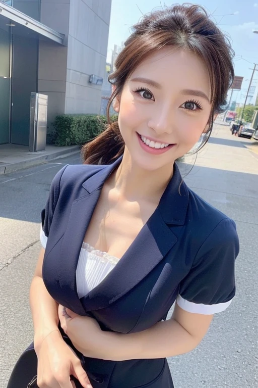 ((top-quality、masutepiece、8K、Top image quality、Hyper-Realism))、((1 female stewardess、walk gracefully down the aisle、cowboy shot、Take a photo of her from the waist up))、(background is on the street) , wet, ((perfect instagramable attire)、(Exposing the forehead、Chignon)、medium breasts、The Biggest Smile、white big teeth、Perfect makeup、long eyelashes、View me、smile your best smile、perfect anatomia、Bright lighting, hyper realistic, photoreal