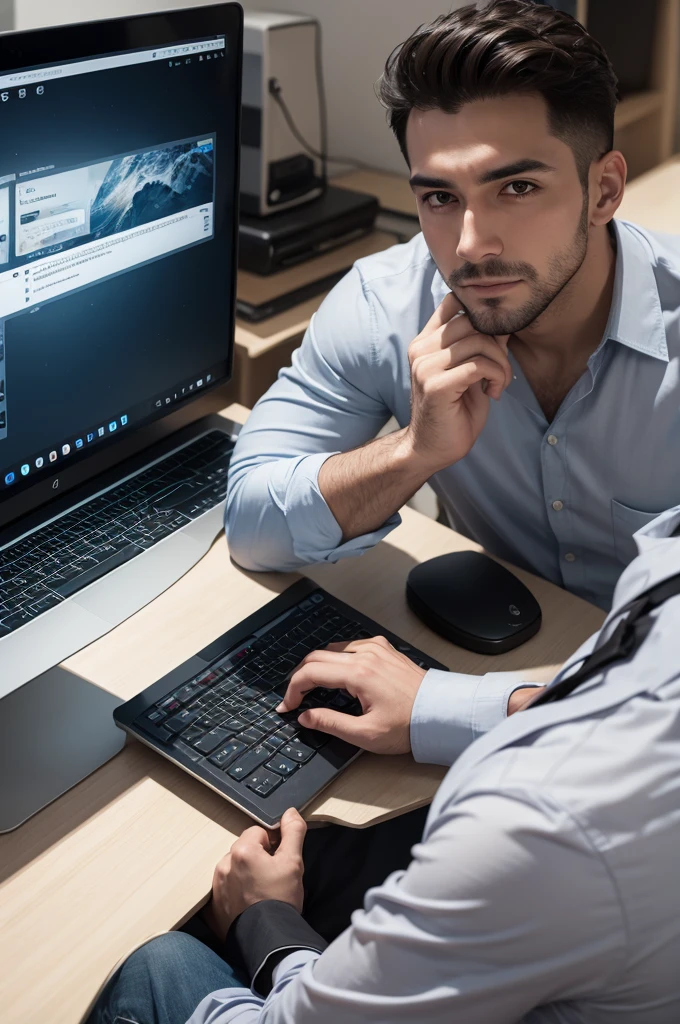 Man at computer and with money 