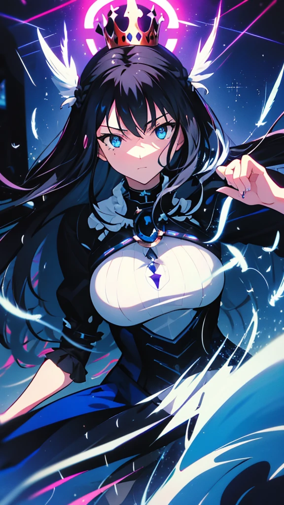 best quality, extremely detailed, anime style adult 1girl, long hair down to the waist, straight hair, ((dark black hair with bluish)),crown braid,beautiful detailed eyes, pinched eyes, dark blue eyes, huge breasts,curvy,(((white main black cyberpunk and magical frill dress))),longskirt,((feather accessory)),magical girl,light smile,((amusement park)),animation cap,animated gif,