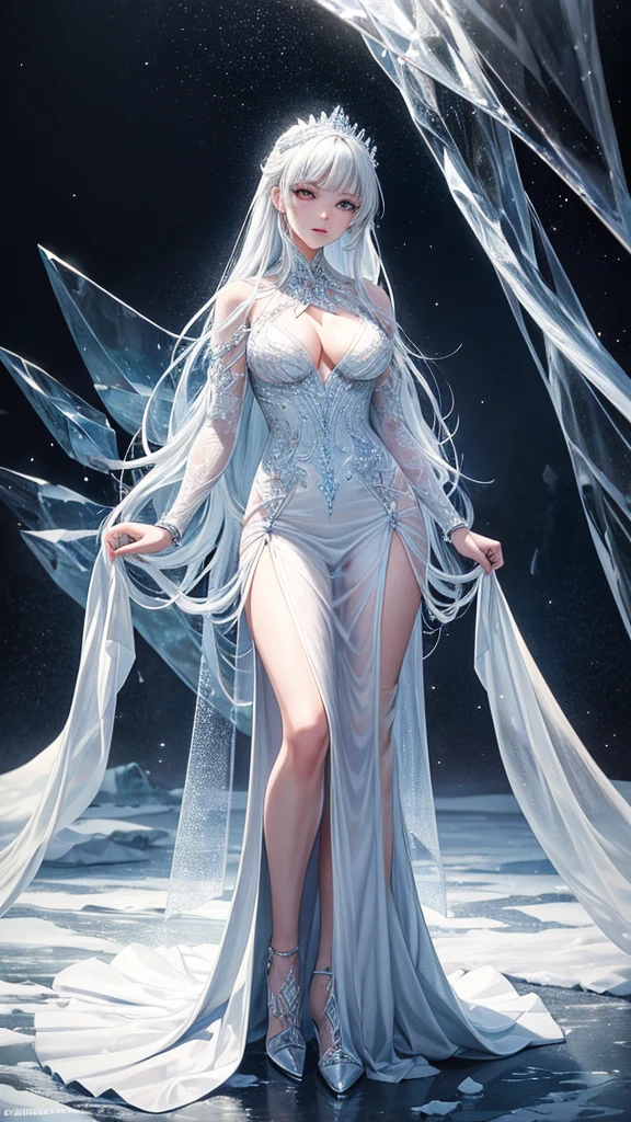 Image description
A full-body image of a stunningly beautiful woman with a highly detailed and clear face, wearing a dress made entirely of ice. The dress features pronounced, realistic ice elements with sharp, crystalline structures and intricate ice patterns. The ice has hints of blood, creating a dramatic contrast. The woman is standing in a glacial environment surrounded by icebergs and snow. The scene is highly realistic, with perfect lighting and detail, capturing the unique design of the icy, blood-streaked dress and the woman's striking beauty.