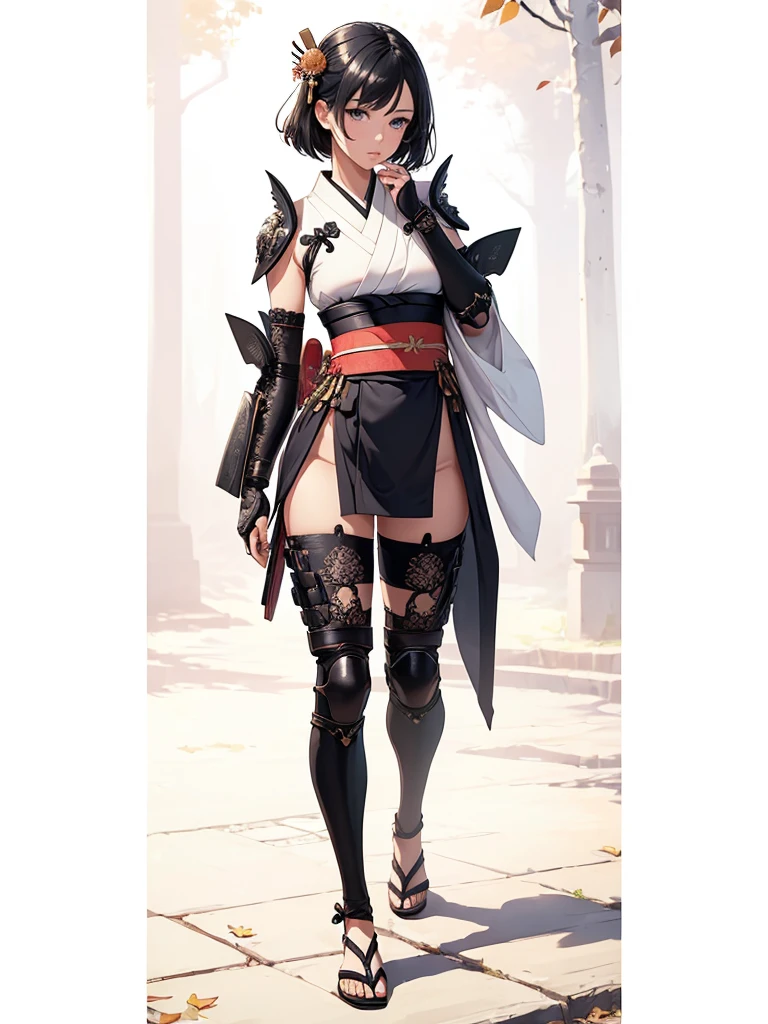 ((1girl, solo)), beautiful body, (perfect anatomy, perfect body, perfect hands, perfect legs), (five fingers:1.5), natural proportions, sexy body, large breasts, cowboy shot BREAK
((extremely detailed face)), (beautiful detailed eyes:1.6), (realistic pupils, realistic iris:1), expressive eyes, looking at viewer, (clear eyes:1.3), (hyperrealistic:1.2), (detailed skin texture:1.2), smooth skin, (black hair:1.5), (white eyes), (short hair:1.3), ((mature female)), (detailed lips:1.2), (attractive lips:1.1), (glossy lips:1.1), (parted lips), perfect face, perfect eyes BREAK
samurai, japanese clothes, (short kimono:1.5), puffy short sleeves, sash, black elbow gloves, fingerless gloves, (arm guard:1.5), thighs, black thighhighs, ass visible through thighs, skindentation, shimenawa BREAK
outdoors, autumn season, torii gate, east asian architecture, forest, stone path BREAK
(masterpiece:1.5), anime-style, top quality, best quality, (beautiful and aesthetic:1.2), (ultra detail:1.5), Ultra-detailed depiction, Ultra-precise depiction, extremely detailed 8k illustration, high resolution, (highly detailed shading:1.2), (realistic lighting:1.4), perfect lighting, vibrant colors, dynamic tones, striking hues, 8k, absurd resolution, perfect shadows, hdr, UHD, ambient lighting, realistic, ultra-realistic, photo realistic, highly detailed, rich detail, luminous colors, fine texture, intricate design, professional illustration, (soft light:1.2), (illustration:0.7)