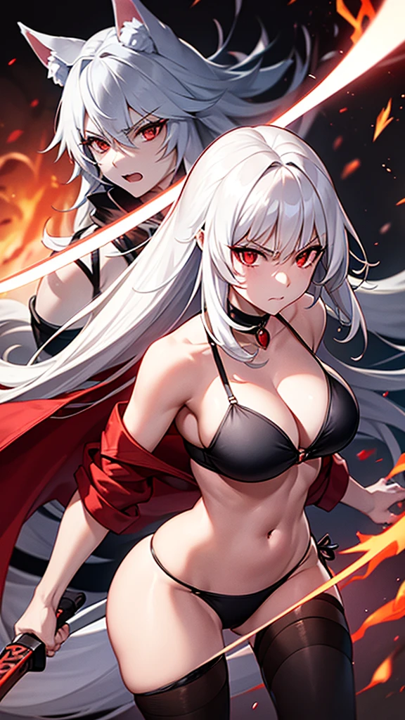 An adult woman, half fox and wolf, white hair, red eyes, wide breasts, very angry, standing, in a bikini, holding a sword