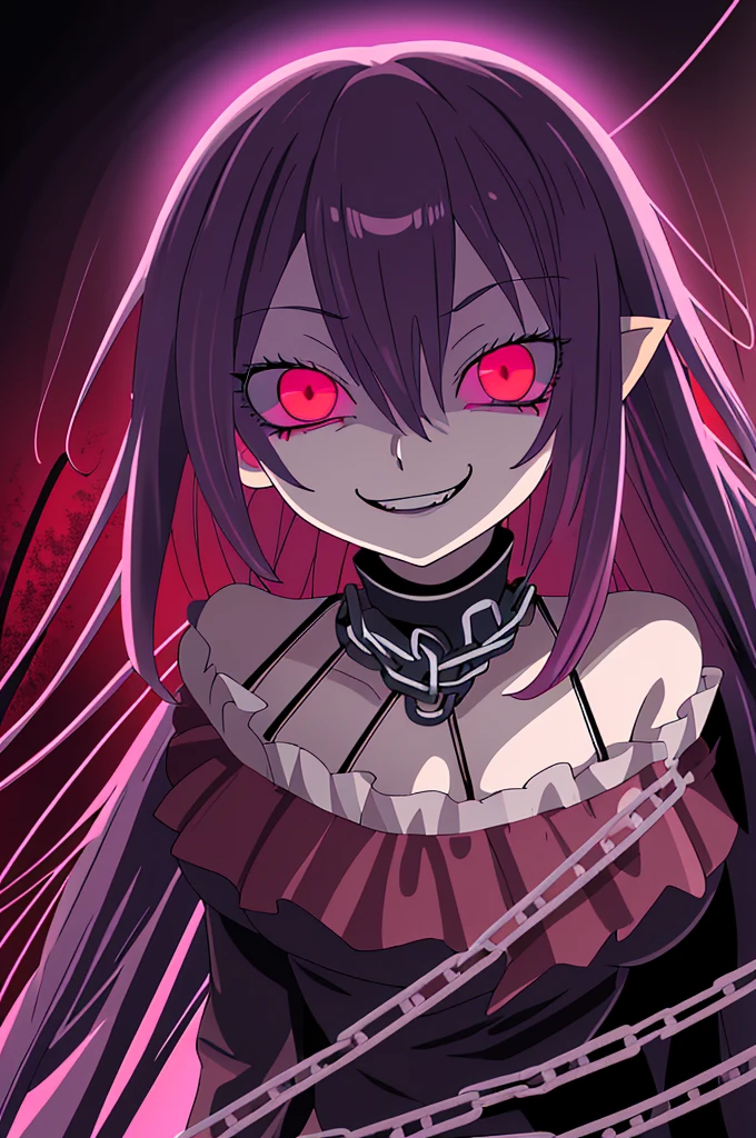Anime girl with pink eyes and chains on her neck., evil smile and glowing eyes, demon anime girl, best anime wallpaper 4k konachan, evil smile, anime monster girl, with bright eyes, with glowing red eyes, retrato Gapmoe Yandere Grimdark, evil smile, evil smile, Gapmoe Yandere Grimdark