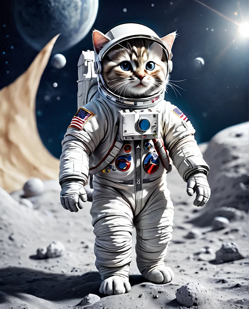On the moon　Kitten Astronaut　High-detail images　Full Body Shot　Waving towards me