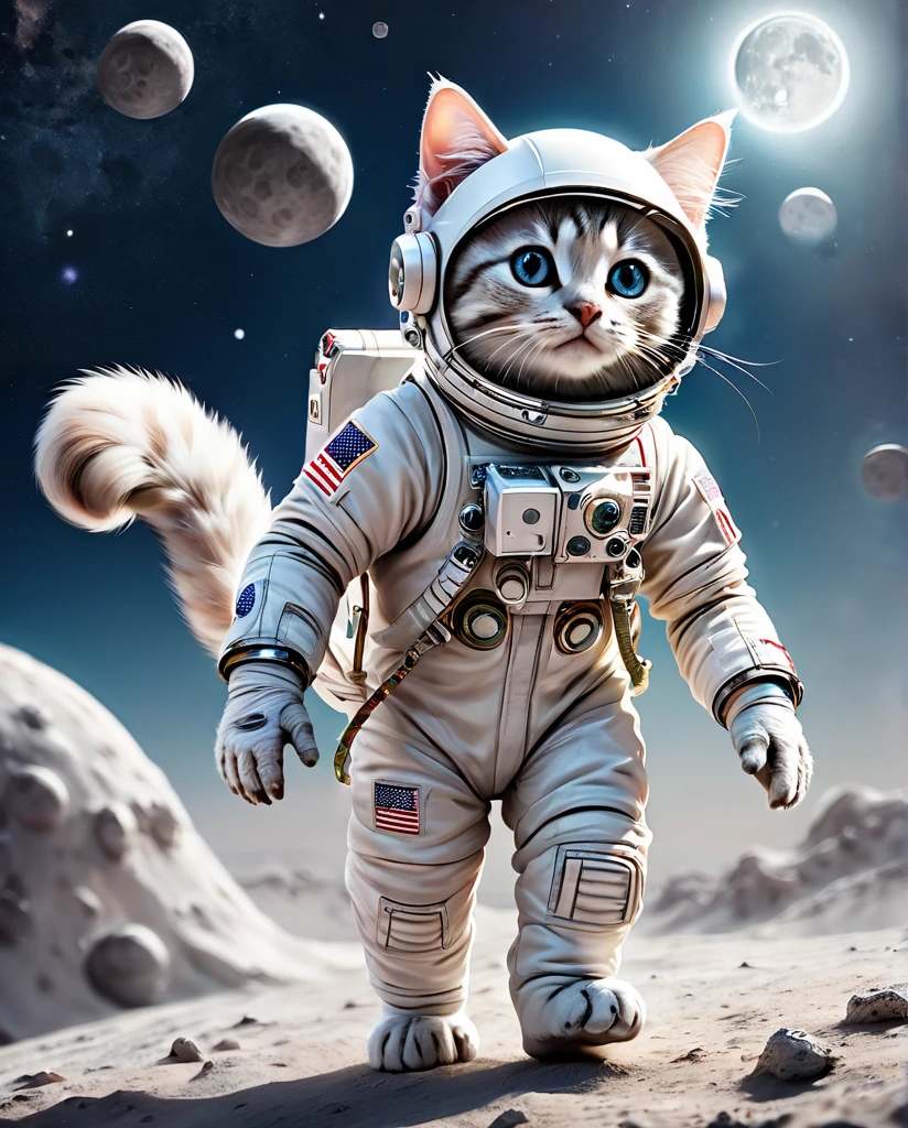 On the moon Kitten Astronaut High-detail images Full Body Shot Waving towards me