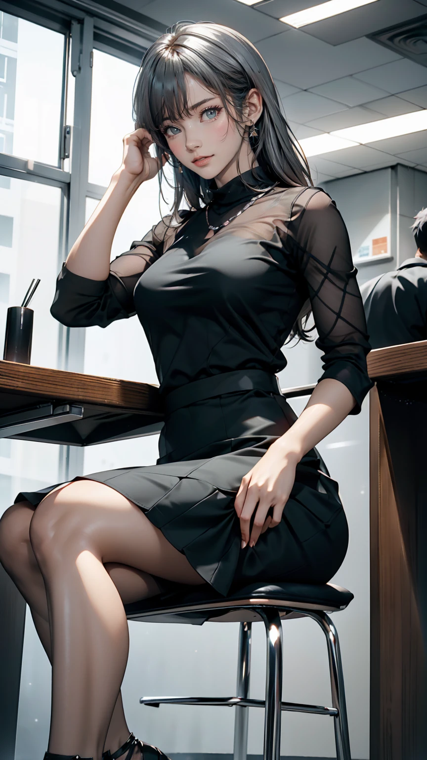 Wearing a black dress and sitting on a chair, Korean female fashion model, Transparent grey skirt, mesh shirt, Chrome Clothing, Glossy silver, It's lucky that, Big Breasts, Highest quality, masterpiece, Ultra-high resolution, Realistic,