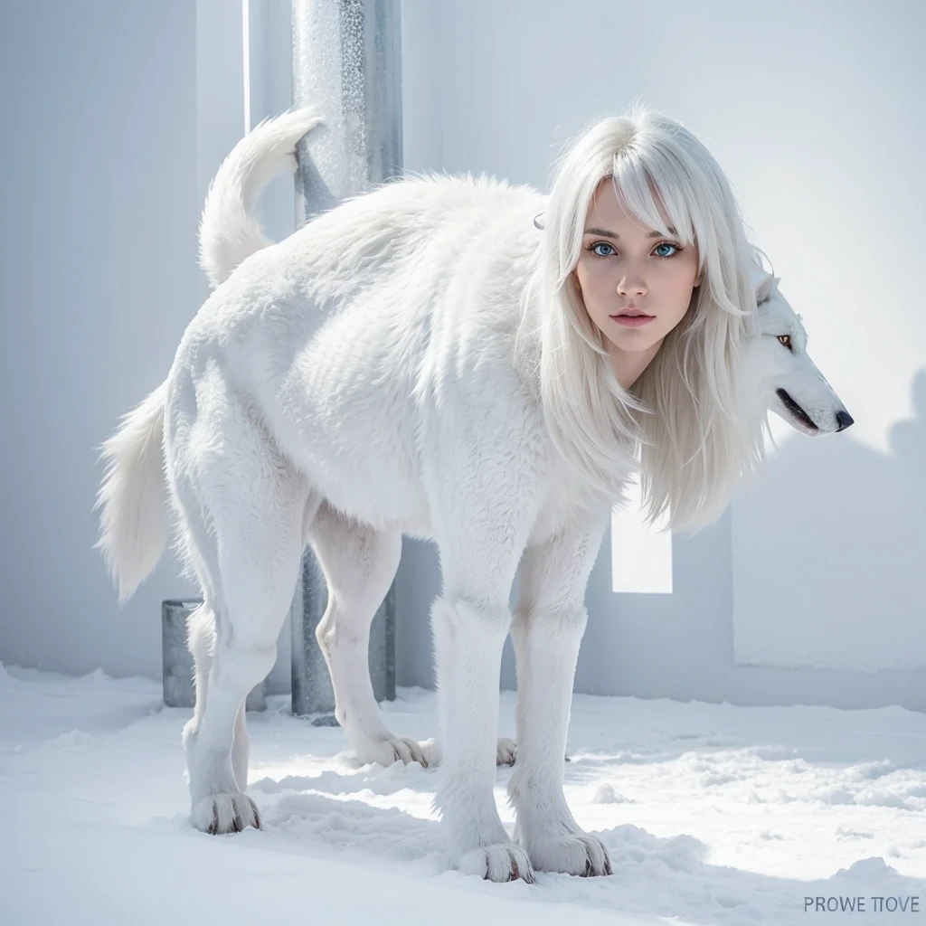 Giant ice white wolf, full body and bright eyes