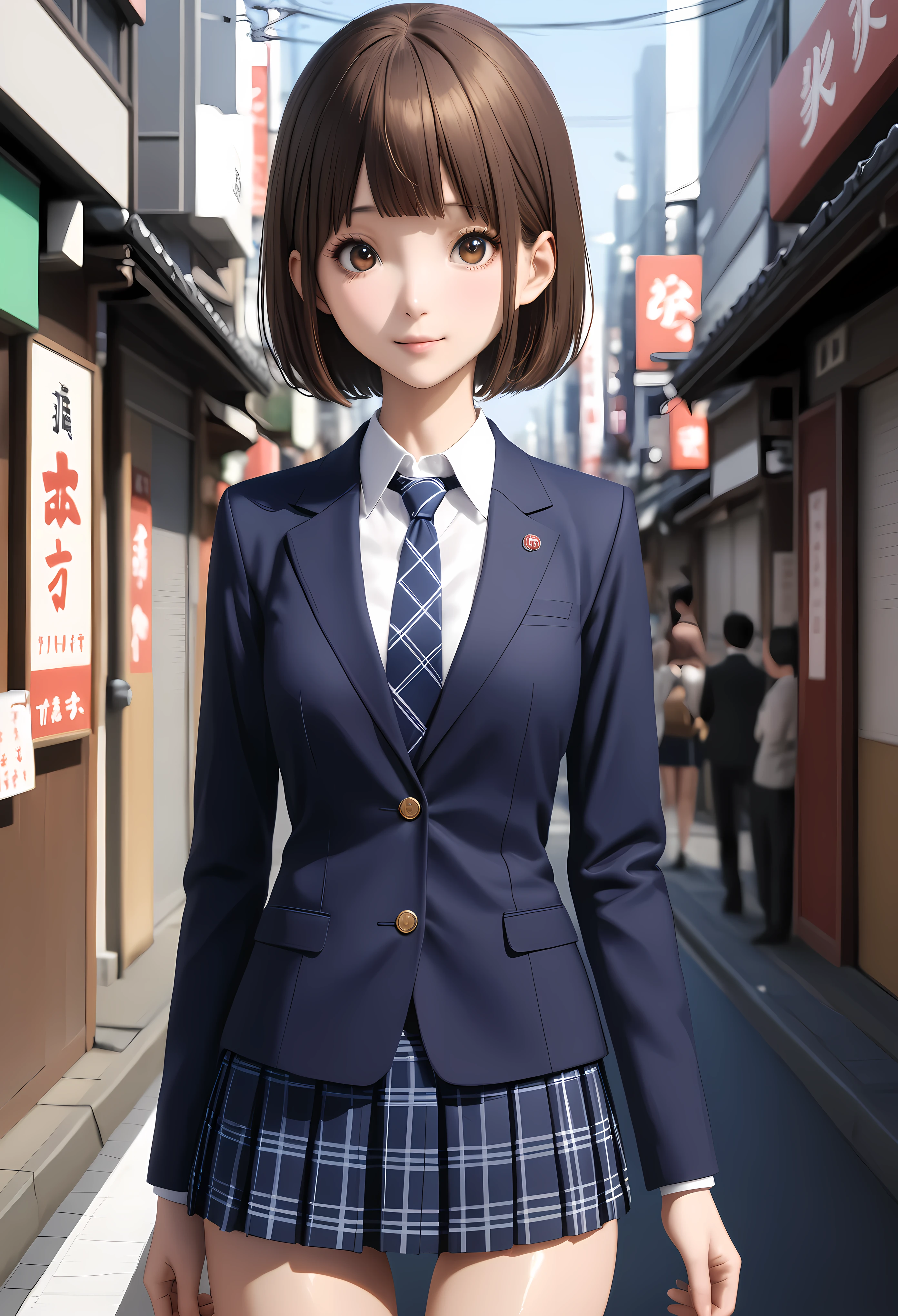 (realistic:1.3,masterpiece,Highest quality:1.3,best quality illustration),cowboy shot,1woman,20 year old Japanese beauty,very small head,(short bob brown hair),bangs,brown eyes,gorgeous eyes,blush,smile,medium breasts,((very long body:1.3)),((toned body,slender body,skinny:1.4)),(School uniform、Dark blue blazer jacket、White shirt、Navy blue tie、Dark blue plaid pleated mini skirt),gleaming skin,shiny skin,standing,on street、Tokyo,