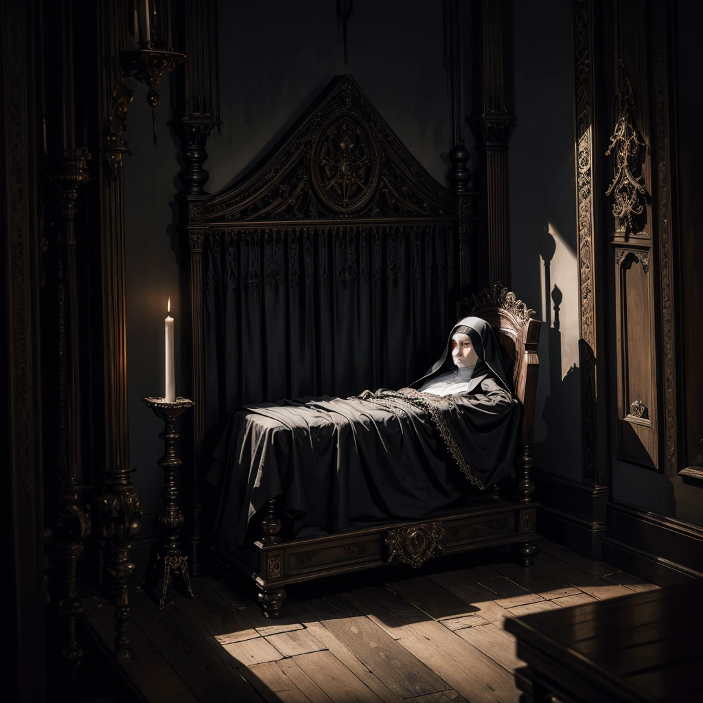 A sinister and mysterious Gothic room, sitting on a throne a ghostly and skeletal mummy of a nun, leaning against the wall an open coffin, dark lighting, moody atmosphere, detailed texture, high quality, photorealistic, dramatic shadows, eerie, cinematic lighting, ornate architecture, cobweb details, candles, intricate details, dramatic composition, dark color palette, chiaroscuro lighting