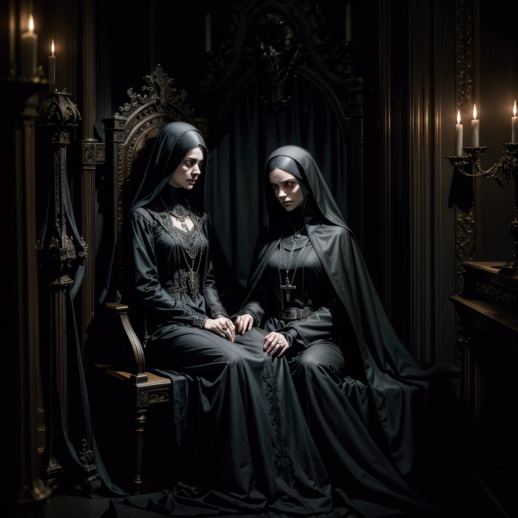 A sinister and mysterious Gothic room, sitting on a throne a ghostly and skeletal mummy of a nun, leaning against the wall an open coffin, dark lighting, moody atmosphere, detailed texture, high quality, photorealistic, dramatic shadows, eerie, cinematic lighting, ornate architecture, cobweb details, candles, intricate details, dramatic composition, dark color palette, chiaroscuro lighting