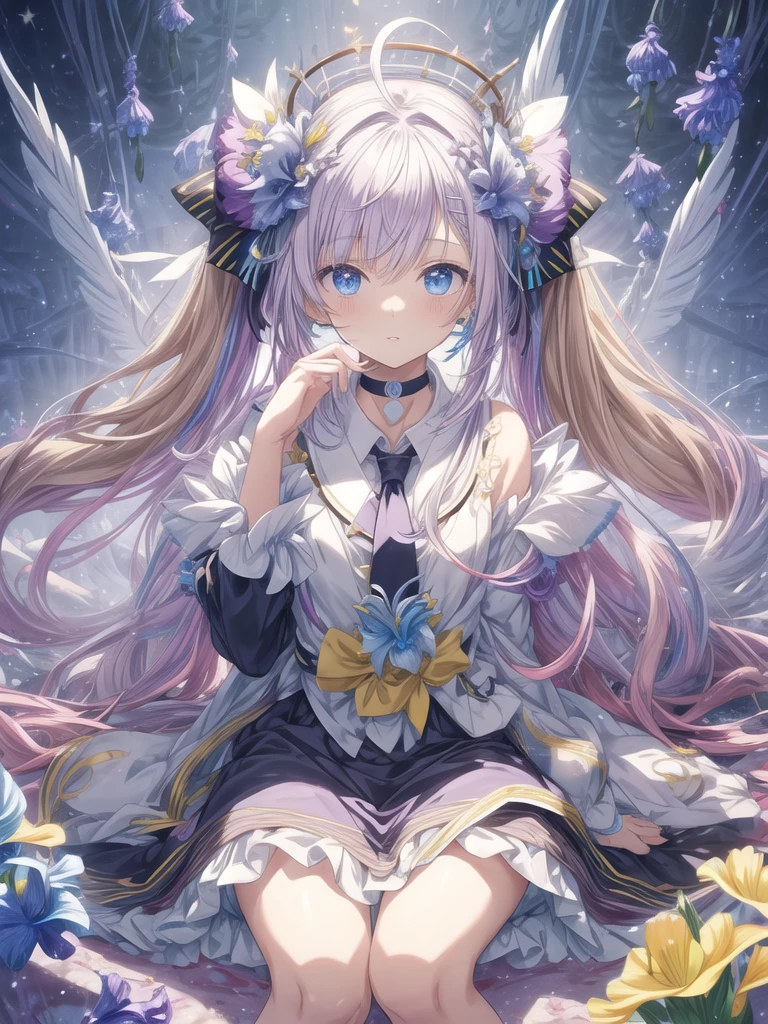 pretty, anime, pastel, neon, vtuber-fullbody vtuber-halfbody, kawaii Masterpiece, young woman, sitting down, parted lips, black eyes, fluffy curly hair, bangs, ahoge, light brown hair, rosy cheeks, short sleeve, black and purple dress, puffy sleeves, black gloves, purple ribbons, ((faded iris)), myceliumtech, scifi, Mycelia, spongy, PsychedelicMasterpiece, ((Faded iris)), flowers, smile, water effect, ahoge, looking up, upper view, yuki miku, very long blue hair, twintails, hair ornament, blue eyes, kawaii looking upupper viewhair ornament(masterpiece:1.2), (hires:1.2), (better hands:1.2), beautiful hands, perfect anatomy, holding star, 1boy, antenna hair, choker, white jacket, shoulder-belt, collared shirt, ear piercing, chain earrings, gradient, stars hair ornament, male focus, multicolored hair, purple hair, yellow strands, yellow necktie, (eye1 purple, eye2 yellow, heterochromia), starlight, starMasterpiece, young girl, white hair, fluffy hair, ahoge, medium length hair, bird feathers, sky, jungle, feather ears, white bird wings, vibrant colors, flowers, flower crown, leaves, white silk dress, detailed sleeves, strewn plants, hair over eyes, butterfly style, more_details:-1, more_details:0, more_details:0.5, more_details:1, more_details:1.5, (((ultra detailed))), softcore, kawaii, 