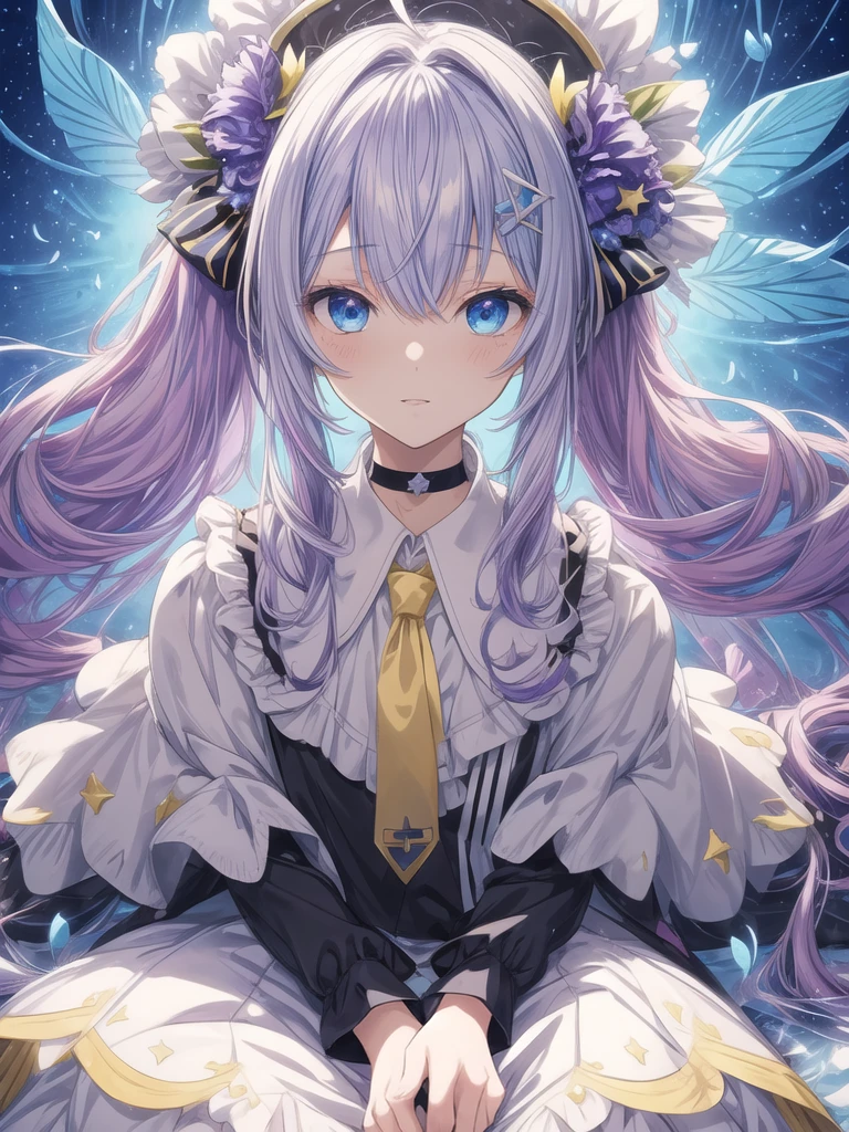 pretty, anime, pastel, neon, vtuber-fullbody vtuber-halfbody, kawaii Masterpiece, young woman, sitting down, parted lips, black eyes, fluffy curly hair, bangs, ahoge, light brown hair, rosy cheeks, short sleeve, black and purple dress, puffy sleeves, black gloves, purple ribbons, ((faded iris)), myceliumtech, scifi, Mycelia, spongy, PsychedelicMasterpiece, ((Faded iris)), flowers, smile, water effect, ahoge, looking up, upper view, yuki miku, very long blue hair, twintails, hair ornament, blue eyes, kawaii looking upupper viewhair ornament(masterpiece:1.2), (hires:1.2), (better hands:1.2), beautiful hands, perfect anatomy, holding star, 1boy, antenna hair, choker, white jacket, shoulder-belt, collared shirt, ear piercing, chain earrings, gradient, stars hair ornament, male focus, multicolored hair, purple hair, yellow strands, yellow necktie, (eye1 purple, eye2 yellow, heterochromia), starlight, starMasterpiece, young girl, white hair, fluffy hair, ahoge, medium length hair, bird feathers, sky, jungle, feather ears, white bird wings, vibrant colors, flowers, flower crown, leaves, white silk dress, detailed sleeves, strewn plants, hair over eyes, butterfly style, more_details:-1, more_details:0, more_details:0.5, more_details:1, more_details:1.5, (((ultra detailed))), softcore, kawaii,