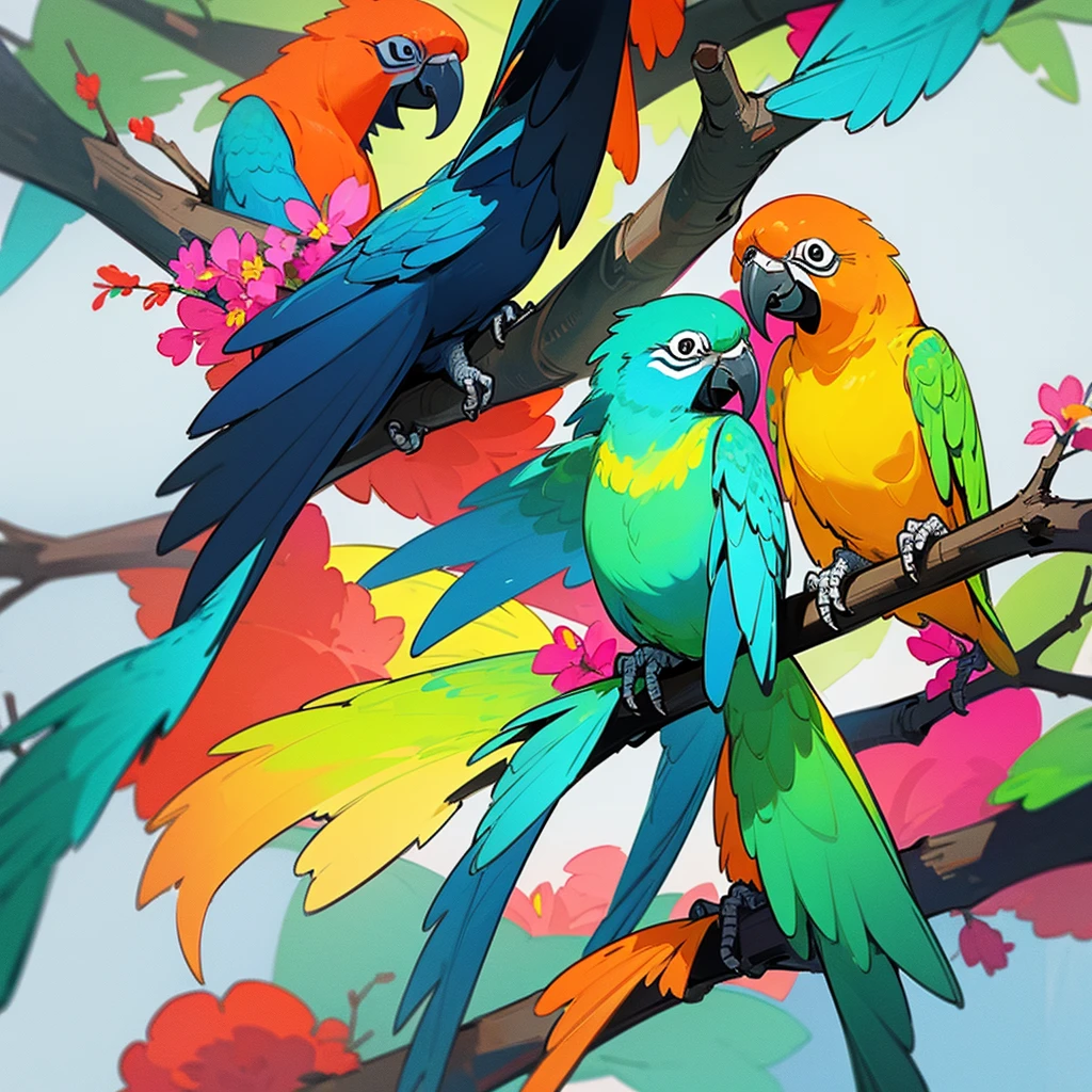 Two parrots, colorful colors, on branch, Background flowers
