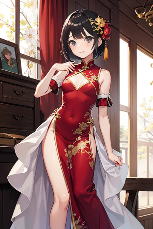 Highest quality、Black Hair、Iris、short hair、girl、cute、、、Small hair ornament、1 person、Cosplay、China dress、Long Length、red、Long slit、A little embarrassed、