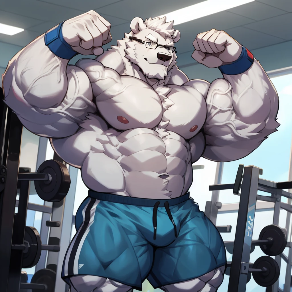 solo, 1boy, Huge Muscular Daddy White Polar Bear wearing glasses, huge white fur, pectoral, huge pectoral, wide pectoral, short white hair, blue colored gym short pants, blue colored wristbands and blue colored shirtless and toppess, white bearded, white Mustache, white fur, gym background, post-workout, vein flexing, masterpiece, high detailed, 8k, high resolution, at the gym, flexes his pecs