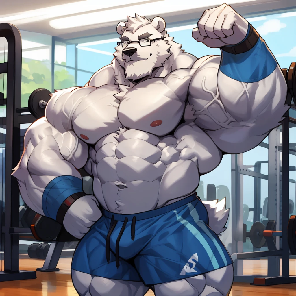 solo, 1boy, Huge Muscular Daddy White Polar Bear wearing glasses, huge white fur, pectoral, huge pectoral, wide pectoral, short white hair, blue colored gym short pants, blue colored wristbands and blue colored shirtless and toppess, white bearded, white Mustache, white fur, gym background, post-workout, vein flexing, masterpiece, high detailed, 8k, high resolution, at the gym, flexes his pecs
