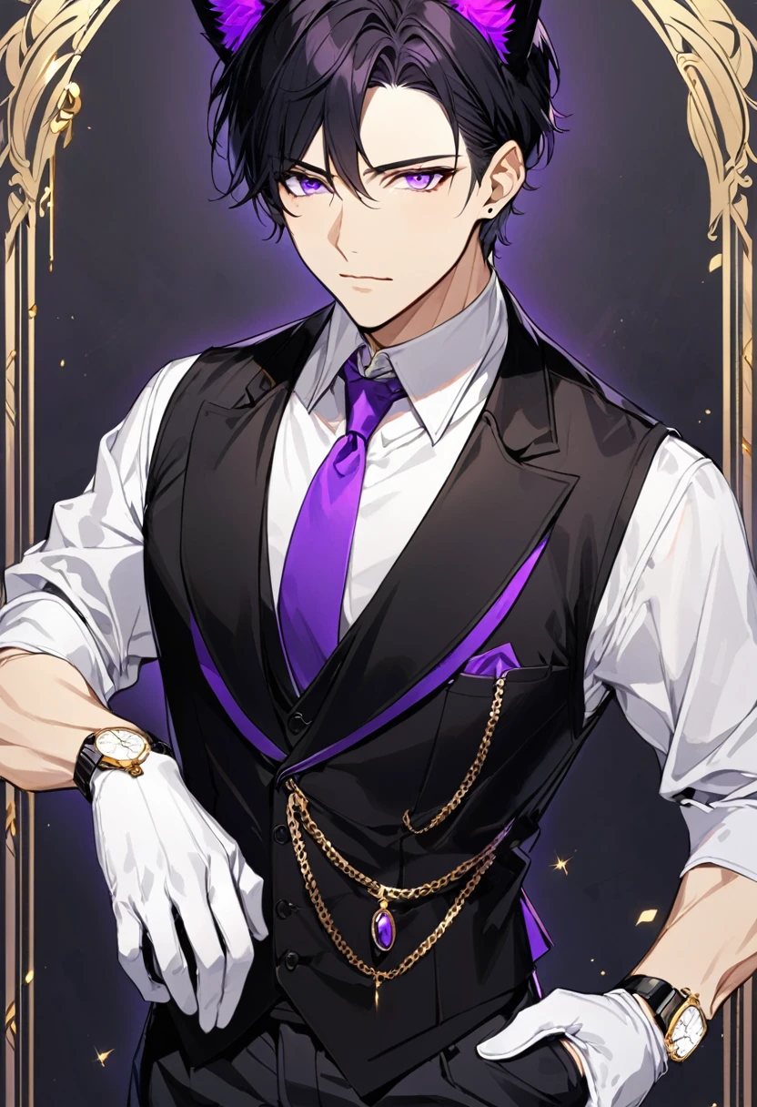 1man, short black hair, black cat ears, bright purple eyes, wearing a black vest, wearing a white undershirt, wearing a purple tie, wearing black pants, wearing short white gloves, no cat in the image, wearing a golden necklace with a watch