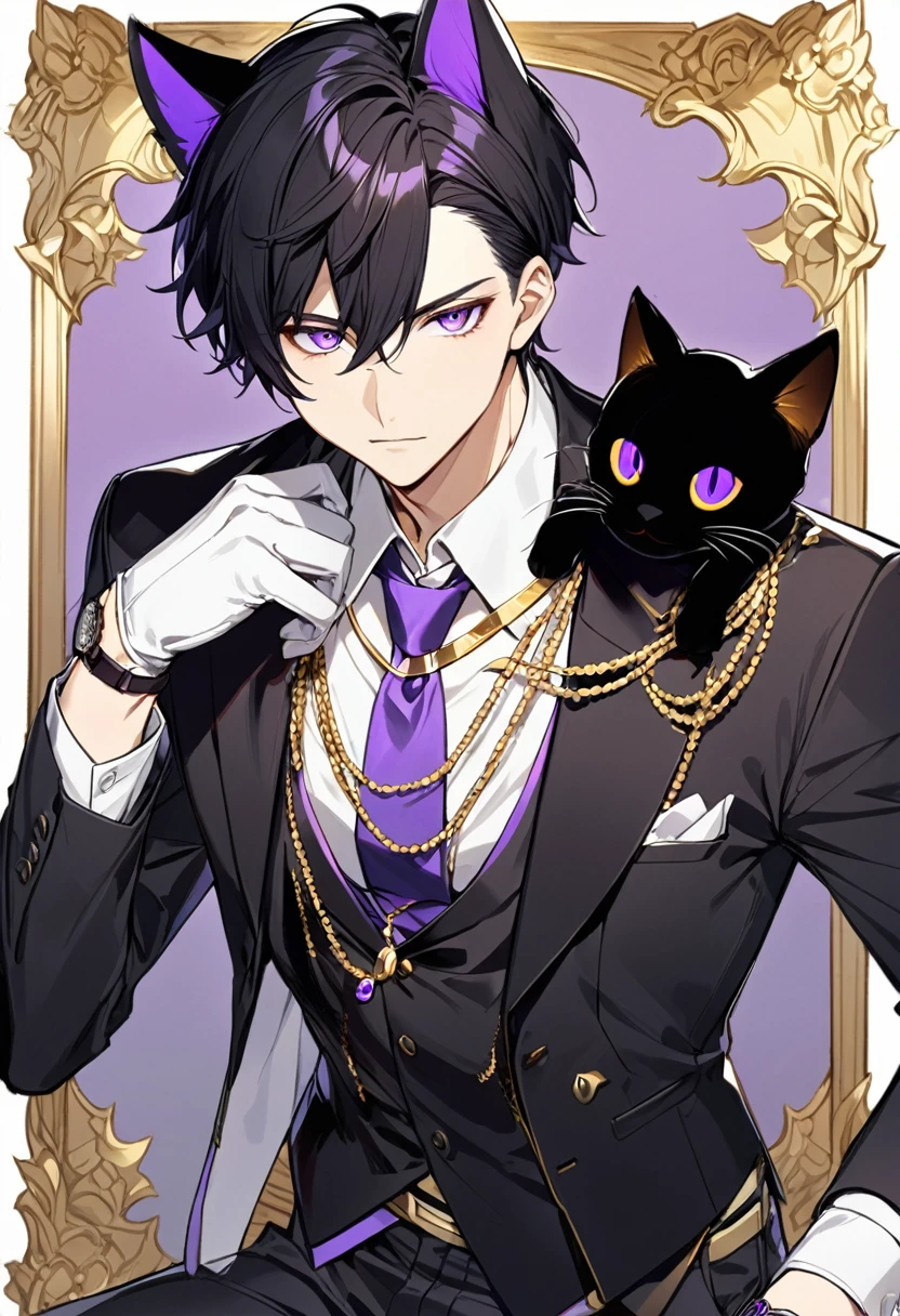 1man, short black hair, black cat ears, bright purple eyes, wearing a black vest, wearing a white undershirt, wearing a purple tie, wearing black pants, wearing short white gloves, no cat in the image, wearing a golden necklace with a watch