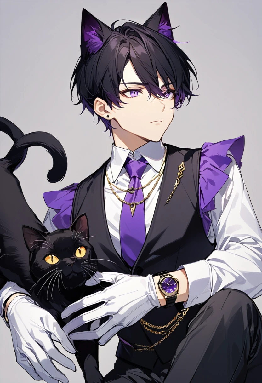 1man, short black hair, black cat ears, bright purple eyes, wearing a black vest, wearing a white undershirt, wearing a purple tie, wearing black pants, wearing short white gloves, no cat in the image, wearing a golden necklace with a watch