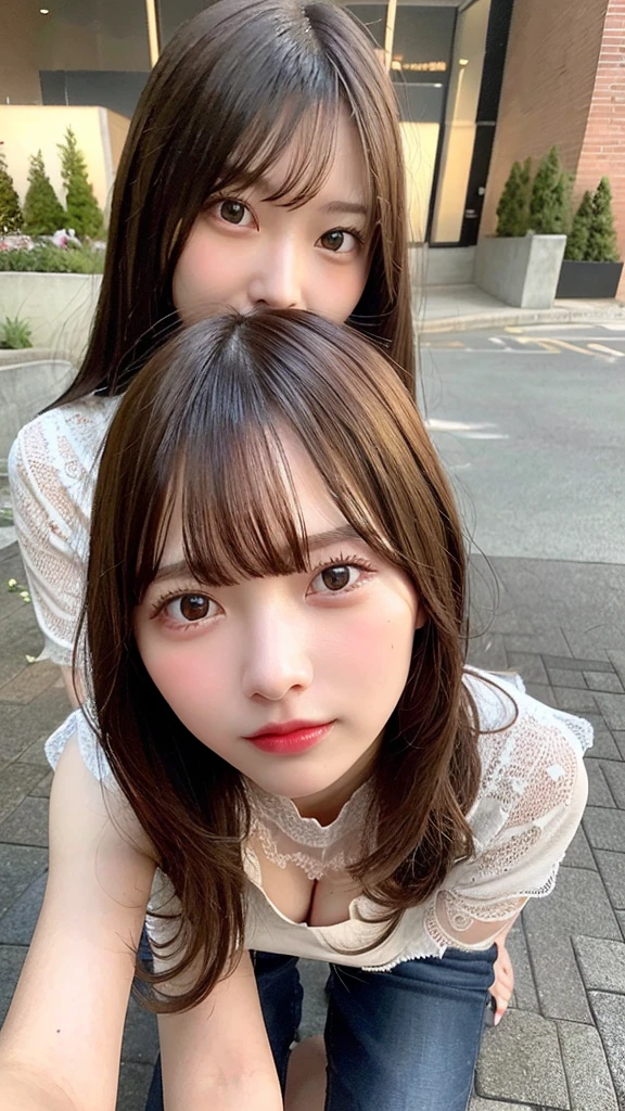 selfie、highest quality, shape, Very detailed, finely, High resolution, 8k wallpaper, Perfect dynamic shape, Beautiful and detailed, Summer clothes,Medium Hair,Natural color lip,smile,20-year-old girl、long hair、Midnight、Beautiful and elaborate face、Perfect and beautiful face、Slim face and figure,spread your arms wide,Big eyes,Take a photo with your face raised from below your knees、Small face、Beautifully detailed face、Perfect and beautiful double eyelids、Big cleavage、Long, Slender legs、One Woman、gravure、Skinny jeans、Watching the audience、run、selfie