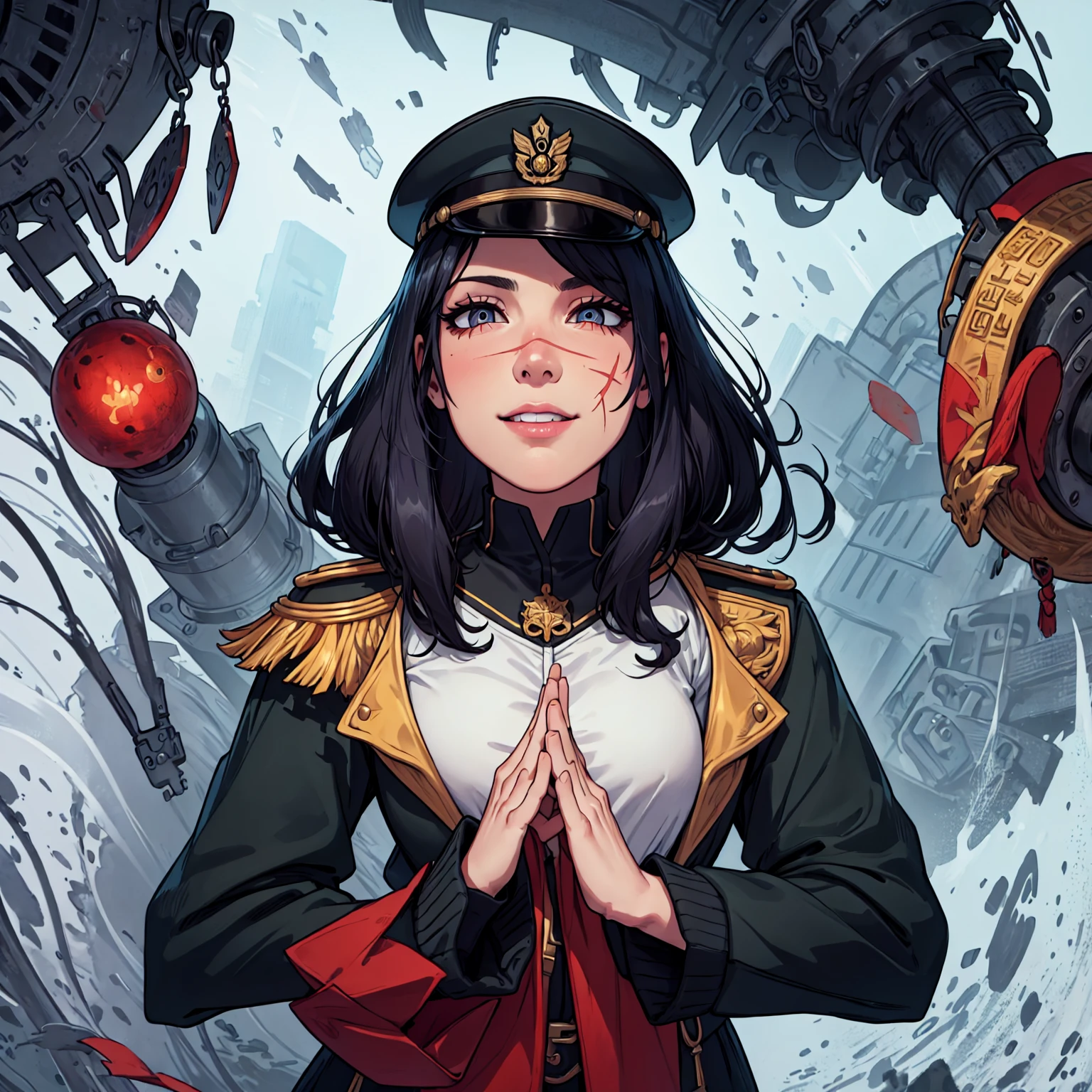 (masterpiece, best quality: 1.2), Alone, 1girl, Yoru \(Chainsaw Man\), looking at the viewer, different poses, red eye, long hair, completely black hair, reference to clothing of a German WWII general, black long sleeves (best quality), scar on face, beautiful eyes, has only 2 arms, has war medals on his clothes, Black Military Cap, Golden Eagle Medal on Clothing, (wallpaper), (8k hd), (8k hd), Golden Shoulder Pads, sprites, 1 single design (Masterpiece, Best Quality: 1.2), Alone, 1girl, Yoru \(Chainsaw Man\), looking at the viewer, SMILE, evil, DIFFERENT POSES, red eye, long hair, completely black hair, reference to clothing of a German general from World War II, black long sleeves (Best Quality), scar on face, Beautiful eyes, He only has 2 arms, He has war medals on his clothes, Black military cap, Golden Eagle Medal in Dress, (wallpaper), (8k hd), (8k hd), golden shoulder pads, sprites, 1 single design