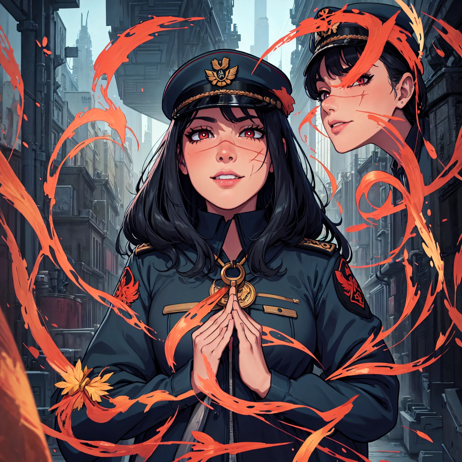 (masterpiece, best quality: 1.2), Alone, 1girl, Yoru \(Chainsaw Man\), looking at the viewer, different poses, red eye, long hair, completely black hair, reference to clothing of a German WWII general, black long sleeves (best quality), scar on face, beautiful eyes, has only 2 arms, has war medals on his clothes, Black Military Cap, Golden Eagle Medal on Clothing, (wallpaper), (8k hd), (8k hd), Golden Shoulder Pads, sprites, 1 single design (Masterpiece, Best Quality: 1.2), Alone, 1girl, Yoru \(Chainsaw Man\), looking at the viewer, SMILE, evil, DIFFERENT POSES, red eye, long hair, completely black hair, reference to clothing of a German general from World War II, black long sleeves (Best Quality), scar on face, Beautiful eyes, He only has 2 arms, He has war medals on his clothes, Black military cap, Golden Eagle Medal in Dress, (wallpaper), (8k hd), (8k hd), golden shoulder pads, sprites, 1 single design