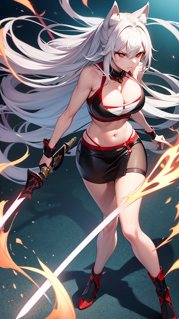 An adult woman, half fox and wolf, white hair, red eyes, wide breasts, very angry, standing, in a bikini, holding a sword