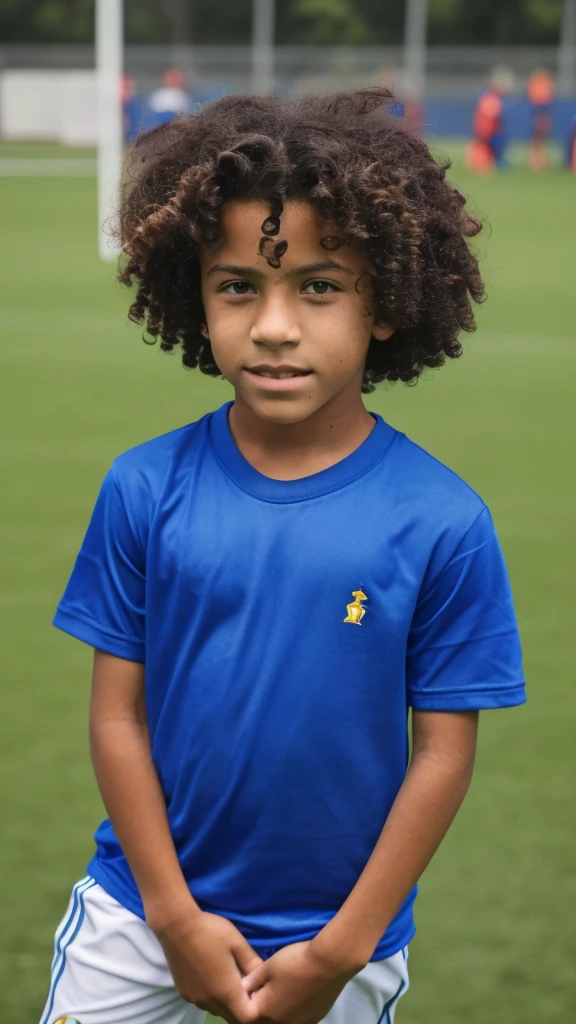 on a soccer field, a 12 year old boy has his back to the camera, watching the game. His name is Alves. He has curly hair, like Marcelo from the national team, light skin, very dark Brazilian, with brown color. Your eyes are amber green. Alves wears a colorful t-shirt with his name 'Alves' printed on the back and sports shorts. The green grass is under your feet and the clear blue sky is above, creating the perfect setting for an afternoon of football."