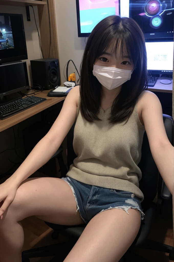 selfie, same girl, in front of a gaming computer, dark room with led lights,18 years,hits,a small smile,Thighs,knees,medium hair with strands, chestnut ,From above, Front light, taken with one hand, Casual, with face masks.