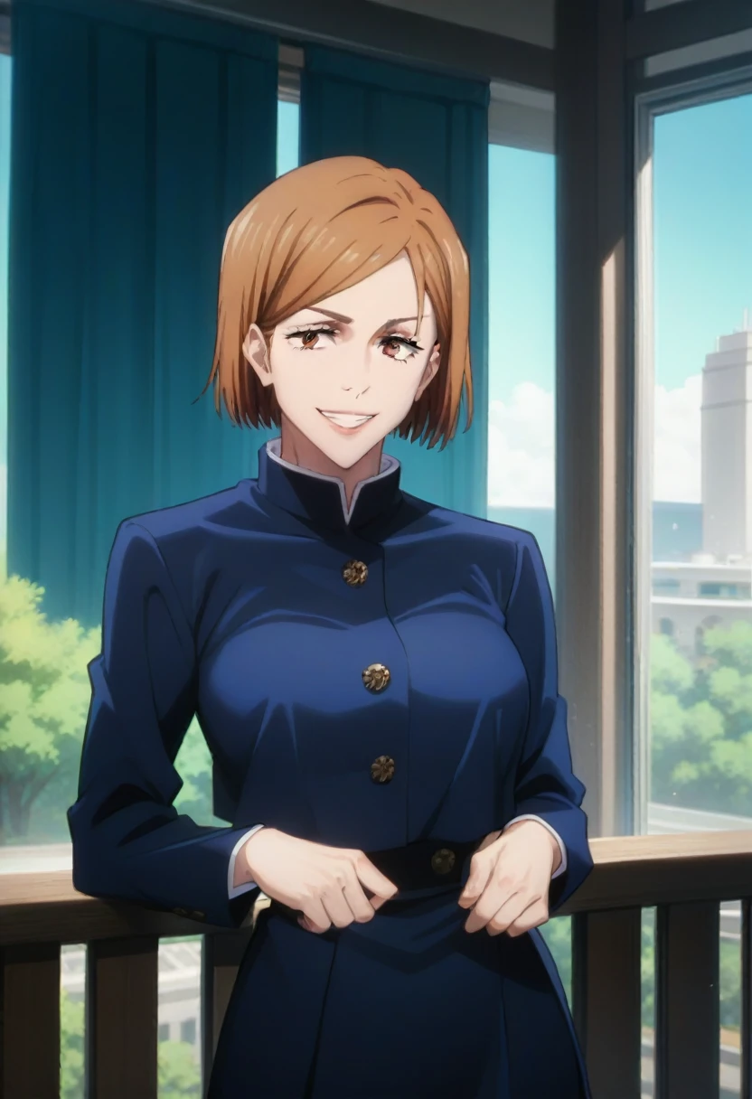 score_9, score_8_up, score_7_up, score_6_up, h1m3n0, 1girl, , mature female, Kugisaki Nobara, brown short hair, brown eyes, jujutsu uniform, seductive smile, balcony, seductive pose